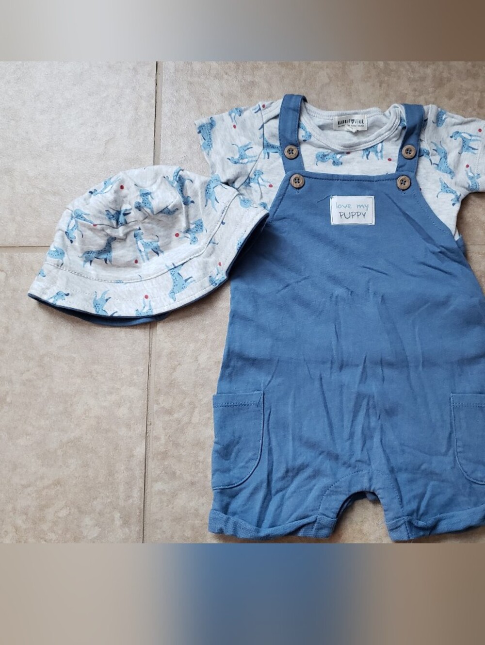 Rabbit + Bear Love My Puppy Blue Matching Overall Set with Reversible Hat 18M